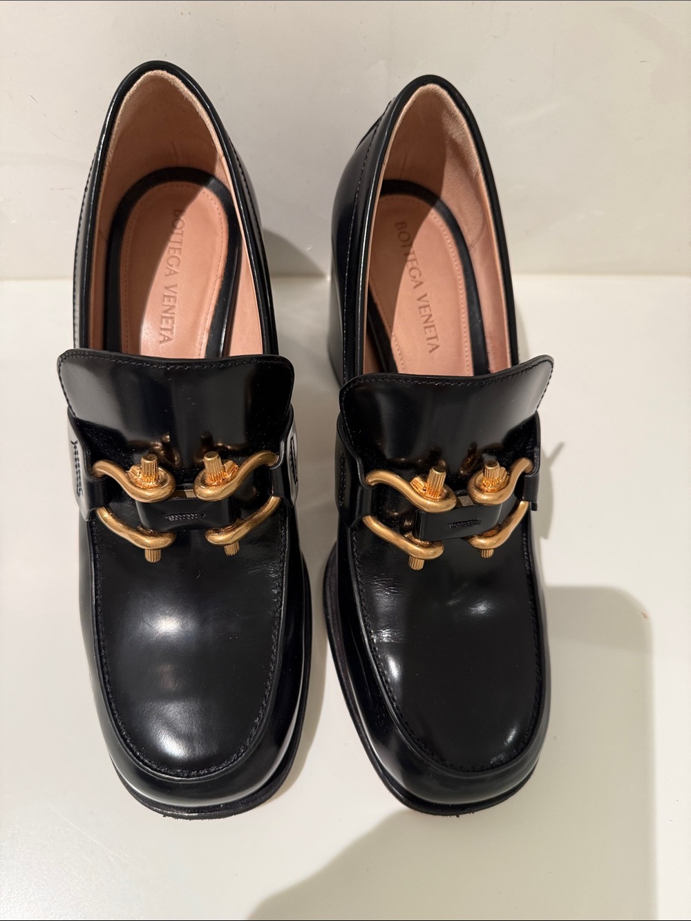 Bottega Veneta Black Leather Loafers with Gold Hardware Detail